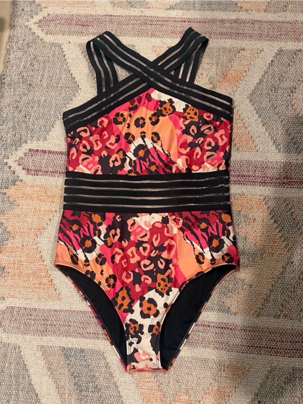 Averie Alanis Crossover One Piece Swimsuit Womens L Pink Leopard